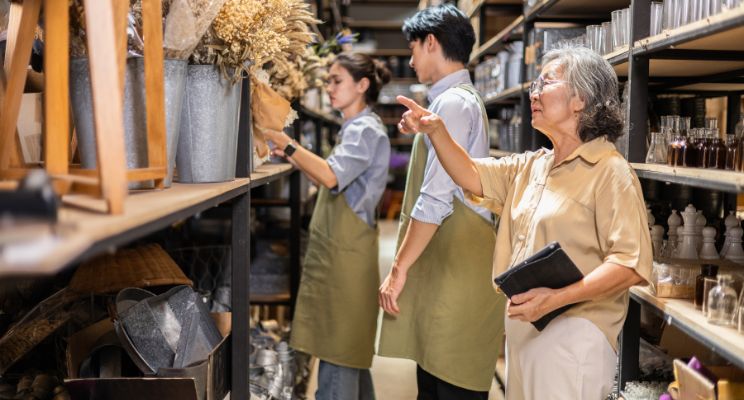 Older shop owner pointing out shelves to two young employees in aprons